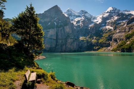 Swiss Alps - lake, trees, water, bench, peaks