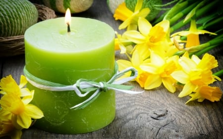 Spring Still Life - candle, easter, daffodils, basket, spring, wood, flame, eggs, bow, flowers