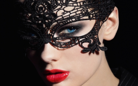 Beauty - girl, beauty, lace, black, lips, mask, red, woman, model, femeie, blue eyes