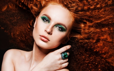 Redhead beauty - woman, redhead, girl, jewel, ring, model, face, hand, green