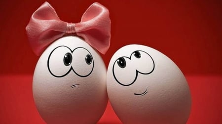 In love - couple, easter, funny, creative, white, bow, situation, red, card, egg