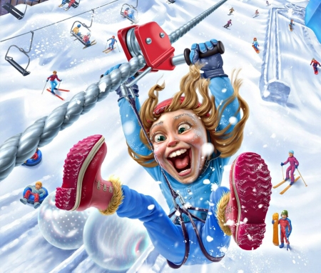 Winter fun - caricature, people, girl, child, funny, white, art, pink, luminos, red, blue, snow, winter fun, oscar ramos