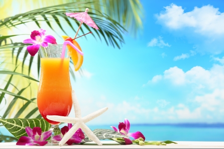 Summer - drink, beach, sky, fresh, paradise, cocktail, summer, tropical, fruit, nature, starfish, clouds, summer time, sea