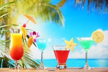 Summer - tropical, summer, summer time, drink, beach, fresh, sky, fruit, clouds, cocktail, starfish, sea, nature, paradise