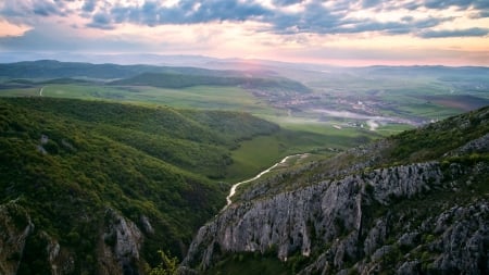 Looking Over Valley - valley, stream, sunset, mountains, creek, river, dawn, scenery, hilles, sunrise