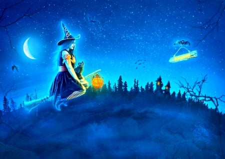 WITCH with her BROOMSTICK - witch, moon, fantasy, broomstick, digital arts, art, buildings