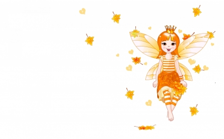 Autumn fairy - autumn, girl, wings, child, leaf, fantasy, white, yellow, orange, card, fairy