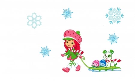 Winter fun - hat, sleigh, fun, winter, snowflakes, blue, girl, pink, child, card