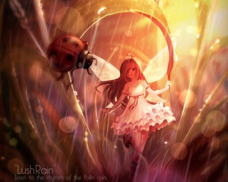 In the rain - anime, ladybug, girl, un s, manga, rain, wings, fairy, cute