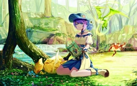 Summoner - au ra, anime, blue, girl, forest, final fantasy, summoner, creature, dragon, green, natsumoka