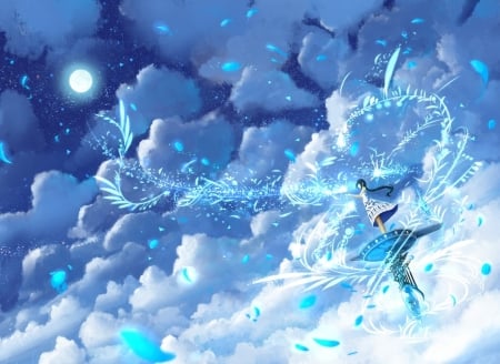 Spellbinding the moon - moon, sky, spellbinding, girl, bou nin, cloud, blue, luminos, anime, luna, manga