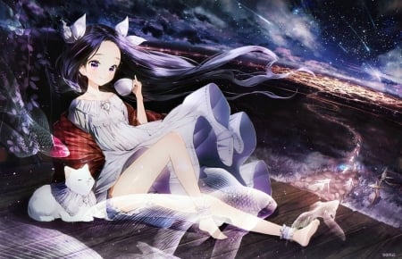 Delicious moment - purple, cute, cat, anime, girl, manga, white, gomzi, fish, luminos