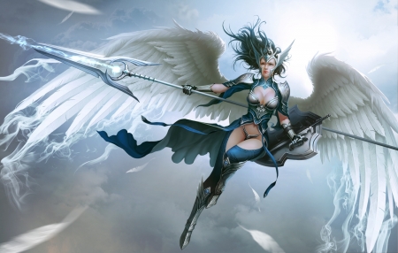 Angel - sky, angel, girl, warrior, wings, fantasy, white, grey, spear, blue, luminos, dodqkrwnl, feather