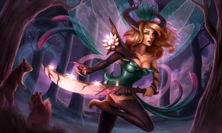 Kayle - game, league of legends, girl, pink, horns, fantasy, kayle, redhead, green, wings, squirrel, luminos