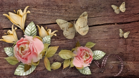 Roses Butterflies on Wood - wood, roses, vintage, paper, ribbon, rustic, firefox persona theme, butterflies