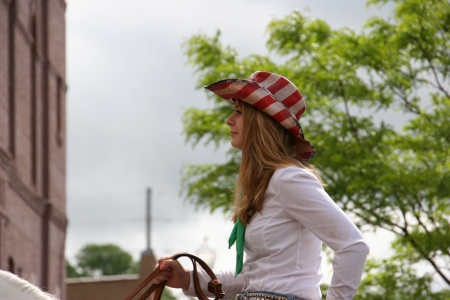 Patriotic Cowgirl - hat, cowgirl, brunette, tree, building