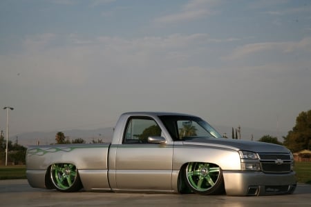 1999-Chevrolet-Silverado - bowtie, silver, truck, slammed