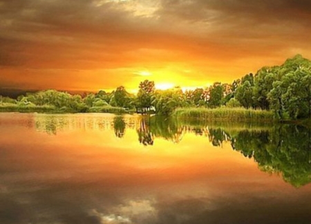 Lake Sunset - lake, forest, reflection, clouds, trees, nature