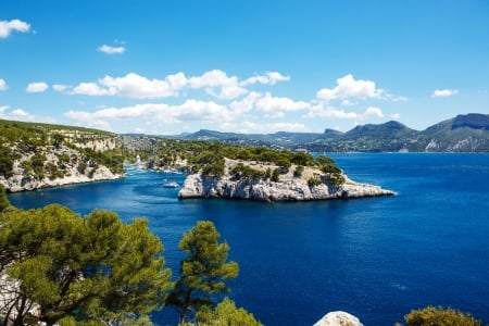 Mediterranean Coast at Marseille, France - clouds, trees, coastline, hills, landscape, sea, rocks, sky