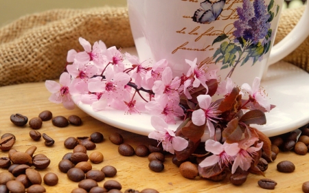 Good morning! - good morning, coffee, freshness, branch, beans, tea, lovely, still life, spring, cup, pretty, blossoms, beautiful, scent