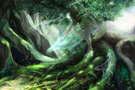 Spirits of the forest - fantasy, dragon, spirit, green, forest, art, tree