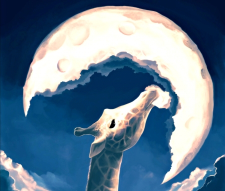 La fable de la giraffe - moon, fantasy, white, aquasixio, la fable de la giraffe, art, luminos, blue, luna