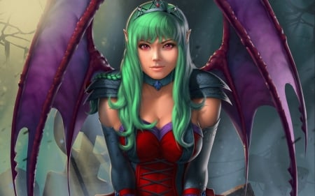 Evelyn - game, bat, girl, red eyes, vampire, fantasy, purple, red, green, woman, wings, evelyn, luminos