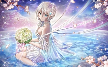 Anastasia - cinderella girls, flower, pink, syrinxwell311, spring, bouquet, sakura, anime, bride, idol master, girl, anastasia, blue, manga, luminos