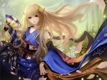 Princess - flower, fan, blonde, tachikawa mushimaro, anime, girl, blue, manga, luminos