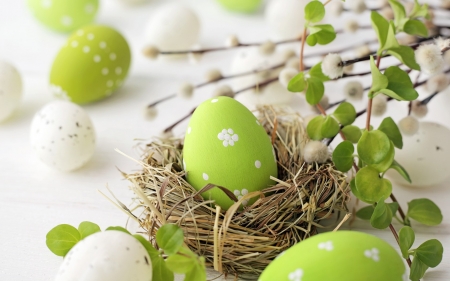 Happy Easter! - white, nest, easter, green, card, egg, spring