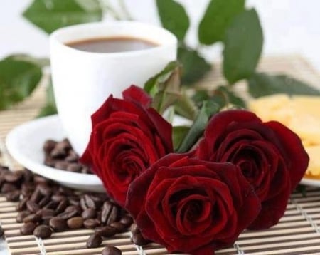 flowers - coffee, flowers, photo, roses