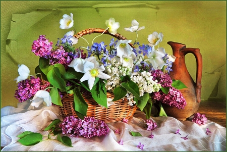 Flower basket - freshness, fragrance, tulips, basket, still life, spring, nature, lila, floral, arrangement, table, colors, flowers, lilac