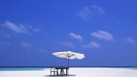 Lonesome Beach - table, chair, sea, umbrella