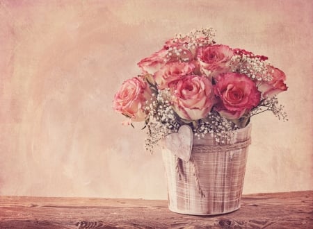 Basket of Roses - roses, flowers, basket, pink