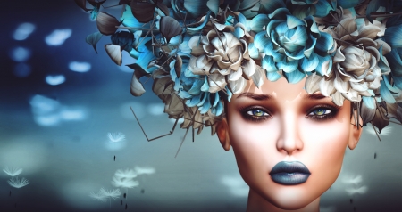 Beauty - blue, girl, beauty, flower, frumusete, fantasy, woman, rendering, face, luminos