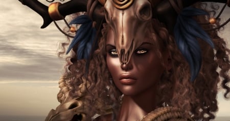 Sorceress - face, rendering, animal, mask, girl, skull, brown, fantasy, luminos, sorceress, woman, horns