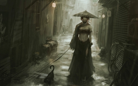 Alley - woman, hat, cat, girl, guweiz, japanese, black, fantasy, asian, art, dark, luminos, alley