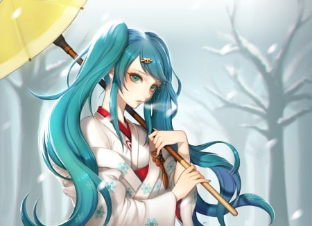 Hatsune Miku - anime, vocaloid, winter, yellow, aegyo, blue, girl, hatsune miku, manga, umbrella, art