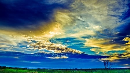 Beautiful scenery - field, sky, glow, grass