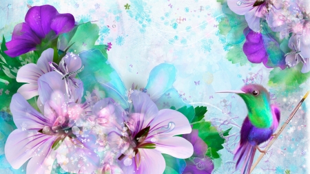 Spring Rhapsody - collage, hummingbird, summer, sprinkle, flowers, pastels, spring, bird