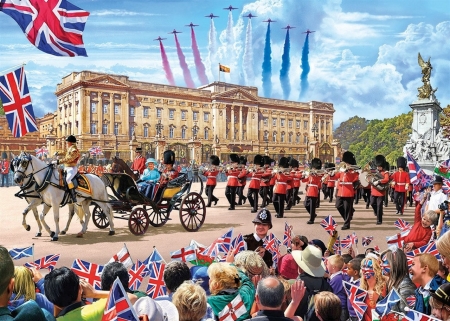 Trooping of The Colour - jets, palace, flypast, elizabeth, colour, royalty, people, flags, union jack, buckingham, queen, carriage