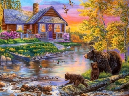 Family Outing - cottage, sky, bears, animals, sunset, flying birds, cottages, spring, painting, fall, river, artwork, family, paintings, tree, boat, attractions in dreams, streams, summer, love four seasons, pups, flowers, colors