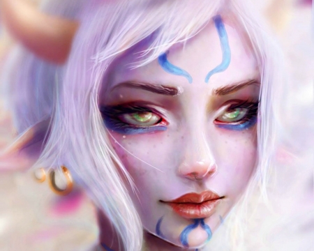 Succubus - face, demon, pink, succubus, elf, girl, blue, art, fantasy, tattoo, olivialynn, woman, horns