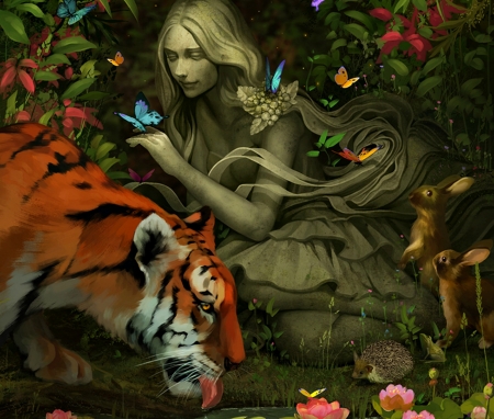 Ea - stone, girl, water, tsvetka, fantasy, ea, art, butterfly, dark, luminos, blue, orange, tiger