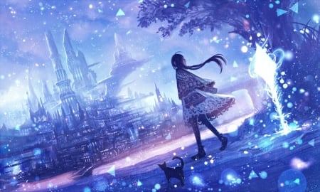 Fantasy city - bou nin, anime, blue, girl, cat, manga, fantasy, purple, art, luminos