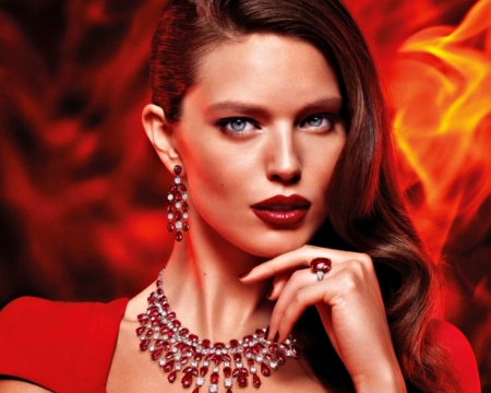 Emily Didonato - face, red, model, jewel, girl, fire, emily didonato, hand, woman