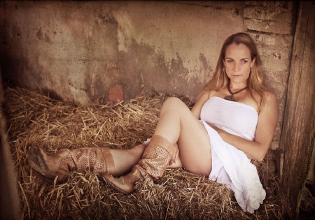 Resting Place... - women, fun, female, boots, fashion, models, western, girls, cowgirl, style, blondes, barn, straw, hay