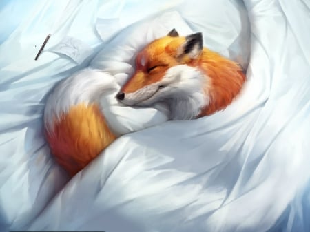 Sleeping Fox - bed, white, humor, blanket, fox, funny, red, art