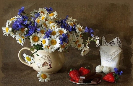 Still life - white, still lide, flowers, strawberr, blue, chamomile