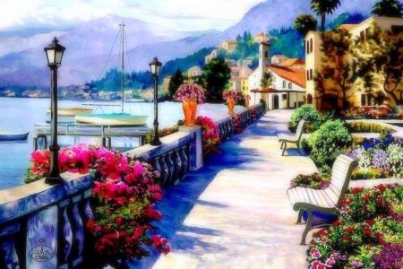 Seaside Pathway - oceans, summer, attractions in dreams, paintings, seaside, sailboats, flowers, nature, garden, cliff, mountains, love four seasons, pathway, draw and paint